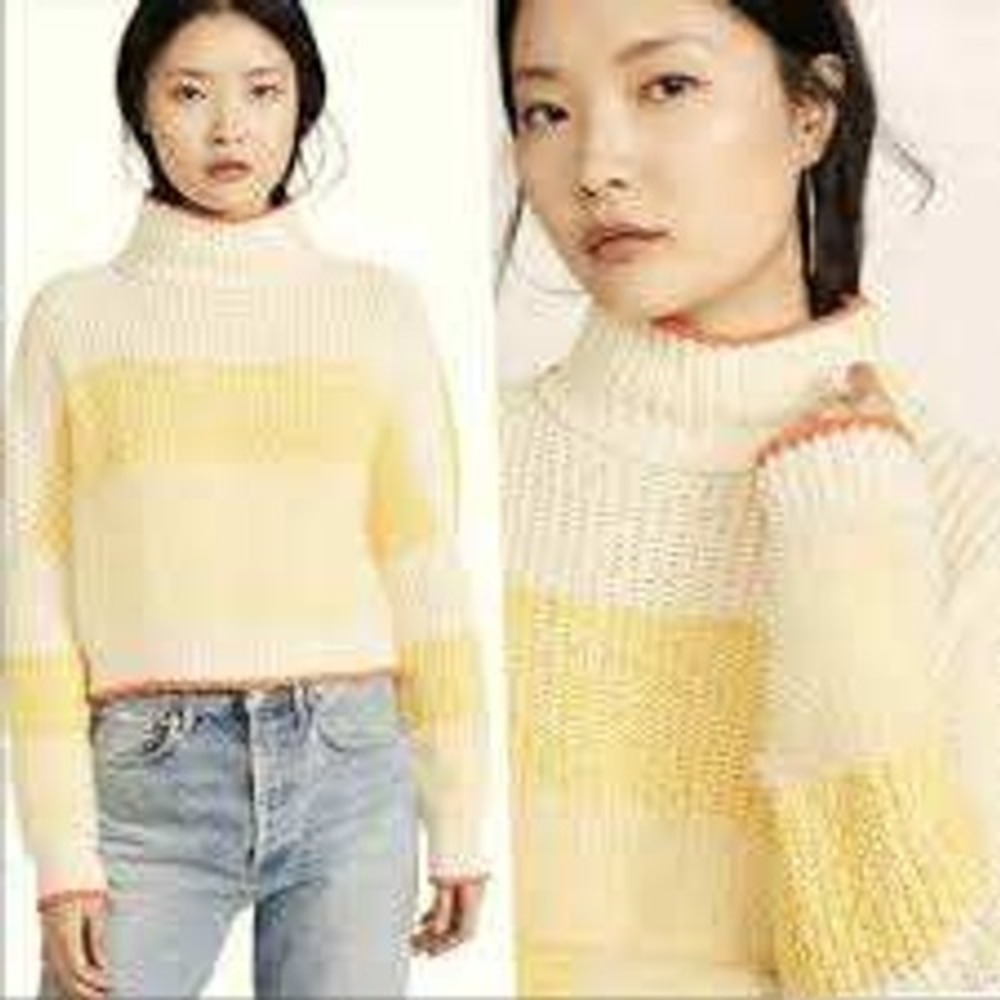 Free People Opal Rollneck Knit Stripe Sweater Lemon Striped Chunky Small NWT